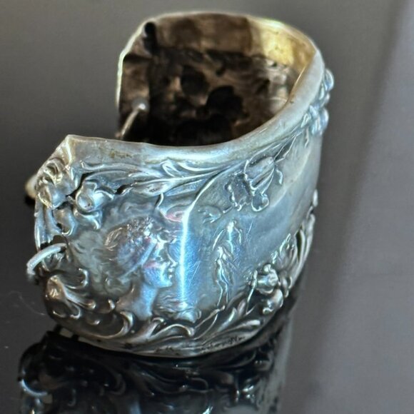 Antique Sterling Silver Cuff Bracelet Floral Art Nouveau Lady Face Victorian 925 - Picture 3 of 8